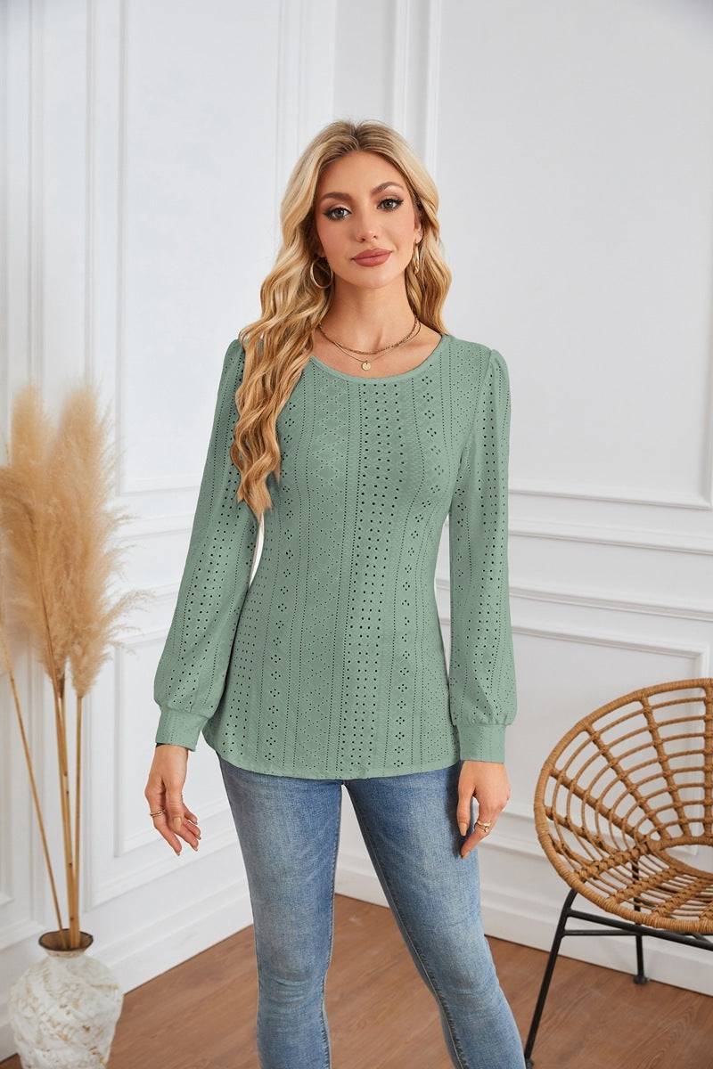 Round Neck Small Hole Bubble Sleeve Long Sleeve Top - YLORESHOP