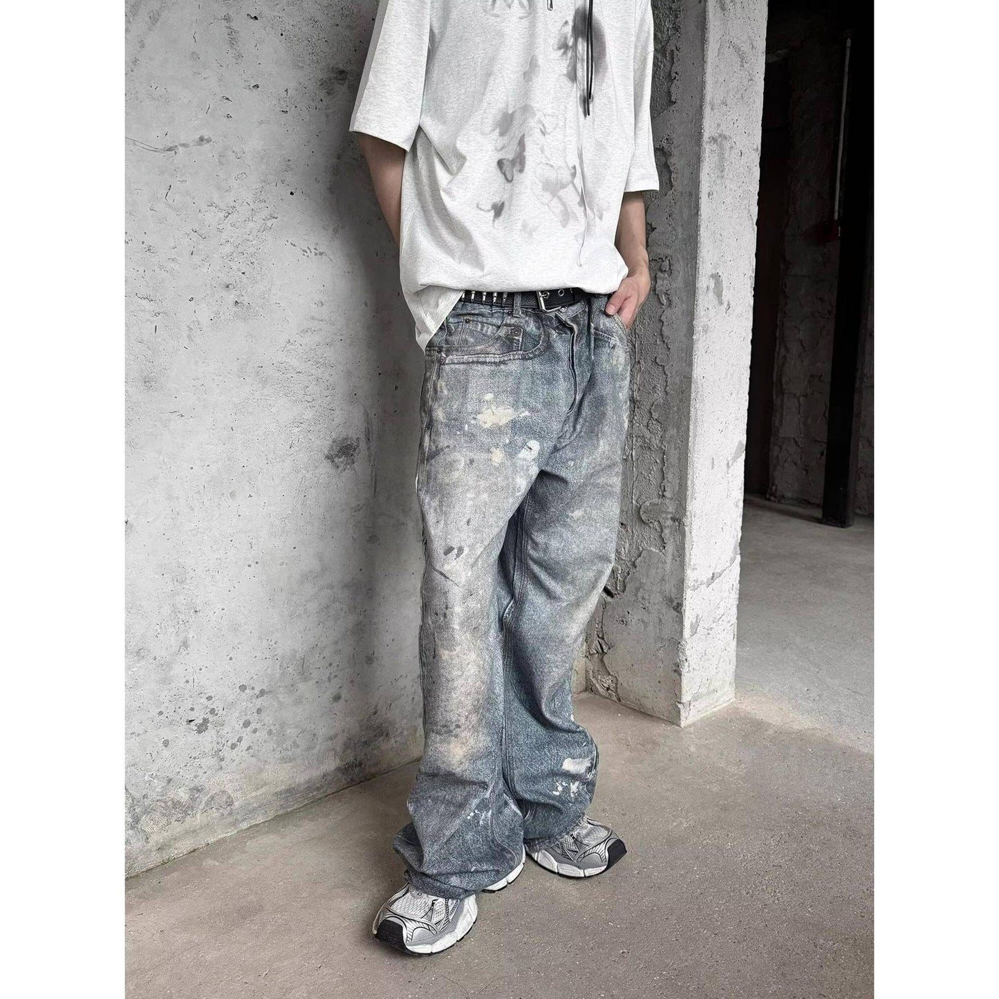 Washed Distressed Printed Denim Men's Straight Loose Long Pants