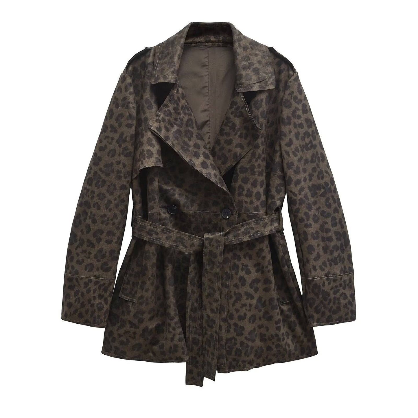 Cappotto a maniche lunghe con cintura con chiusura a bavero con stampa leopardata da donna