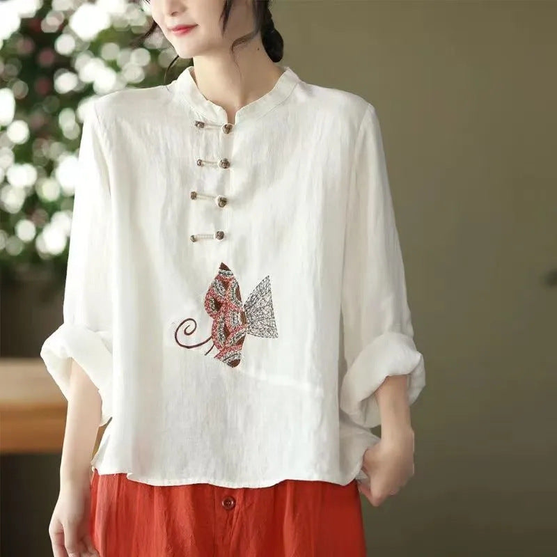 Ethnic Style Plus Size Cotton And Linen Shirt For Women - YLORESHOP