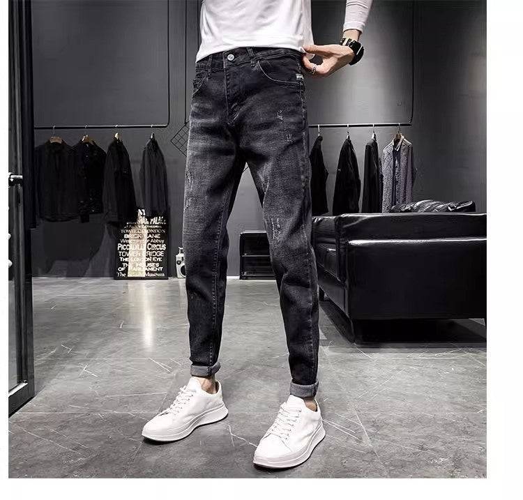 Jeans Men's Black Tapered Cropped Elastic Slim Fit Slimming