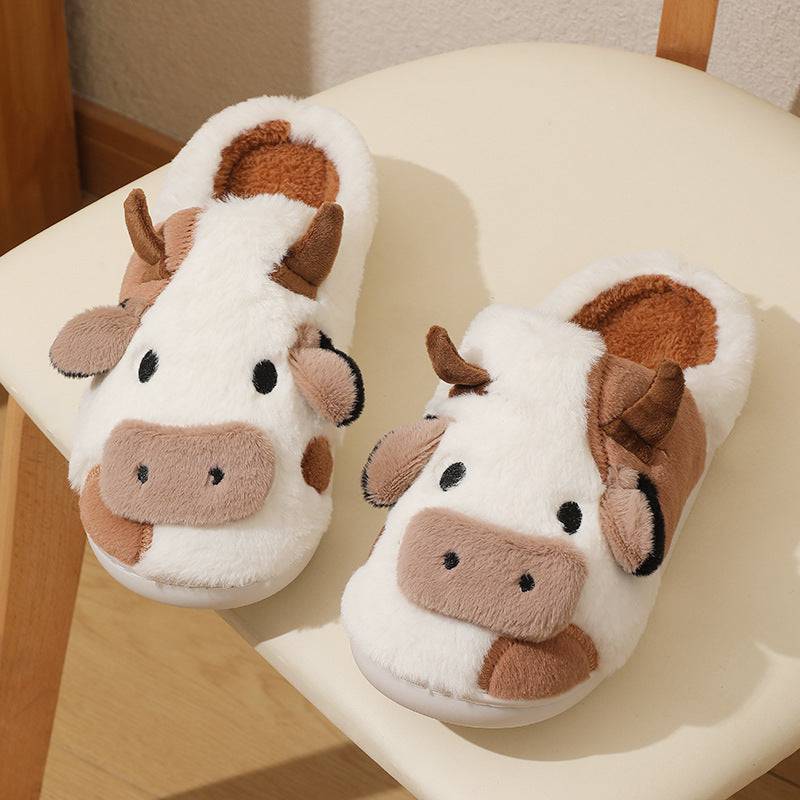 Cute Cow Animal Slipper For Women Girls Fashion Kawaii Soft Fluffy Winter Warm Slippers Woman Cartoon Milk Cow House Slippers Funny Shoes - YLORESHOP