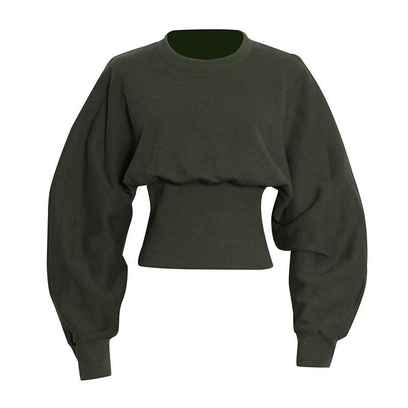 Maglione corto con rifinitura in vita per pendolari pullover girocollo verde scuro