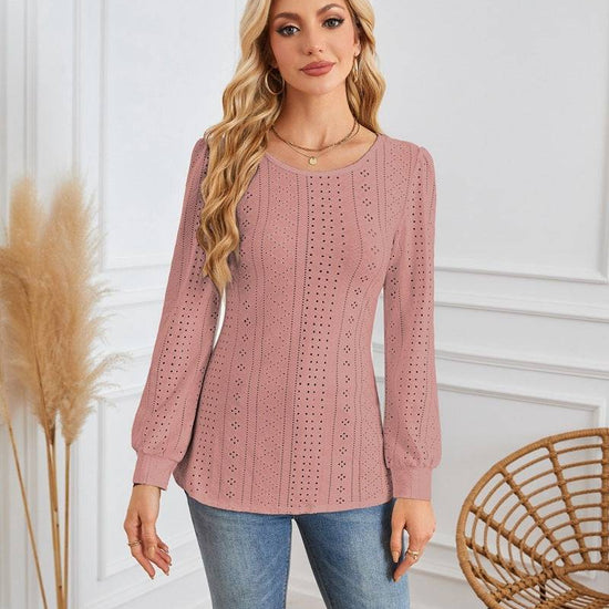 Round Neck Small Hole Bubble Sleeve Long Sleeve Top - YLORESHOP