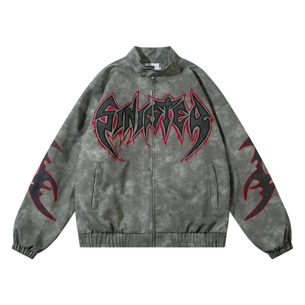 Dark Goth Letters Affixed Cloth Embroidered Loose Leather Jacket Men's Punk Distressed Coat