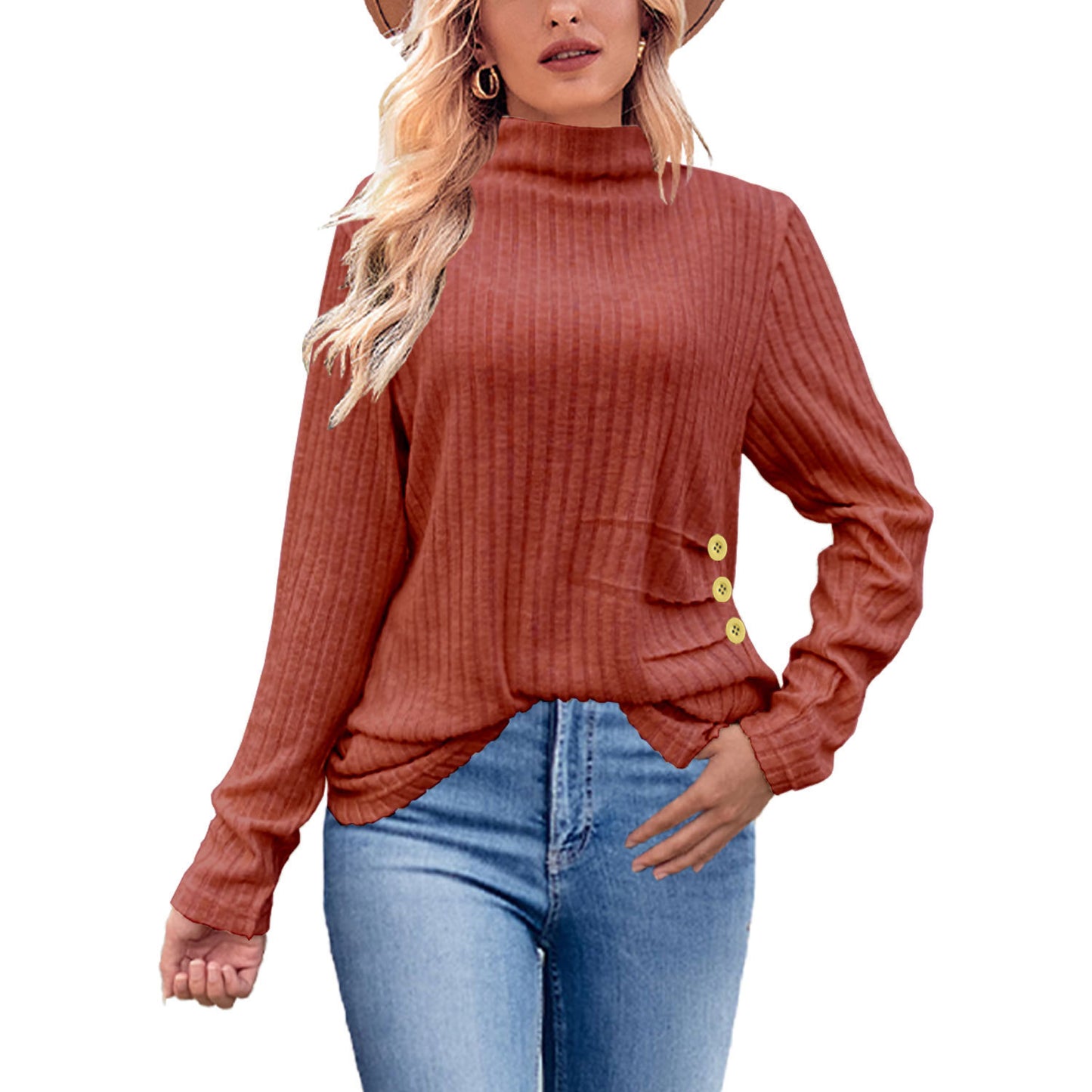 European And American Brushed Sunken Stripe Knitted Turtleneck Side Button Women's Top - YLORESHOP