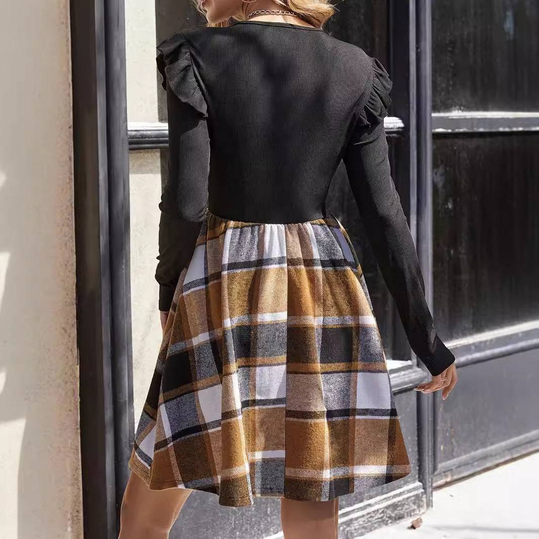 Women's Sunken Stripe Stitching Plaid Long Sleeve Dress - YLORESHOP