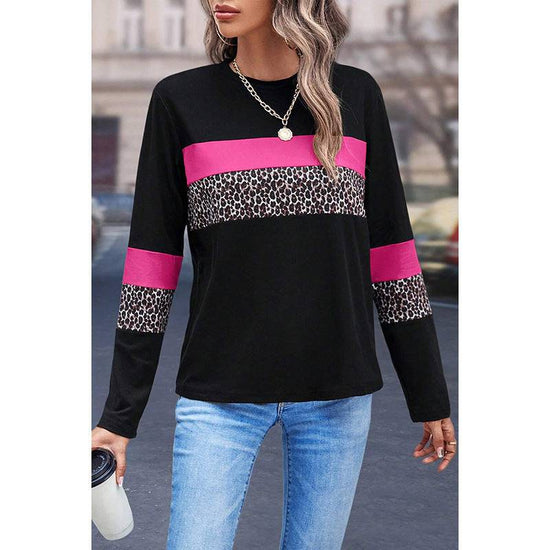 Leopard Print Color-block Crew Neck Pullover Women - YLORESHOP