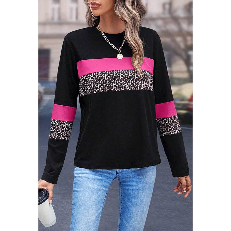 Pullover girocollo da donna con stampa leopardata color block