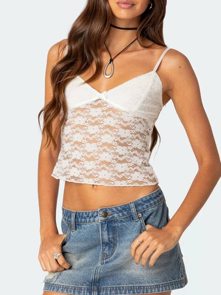 Women's Short Lace Spaghetti-strap Camisole Top - YLORESHOP