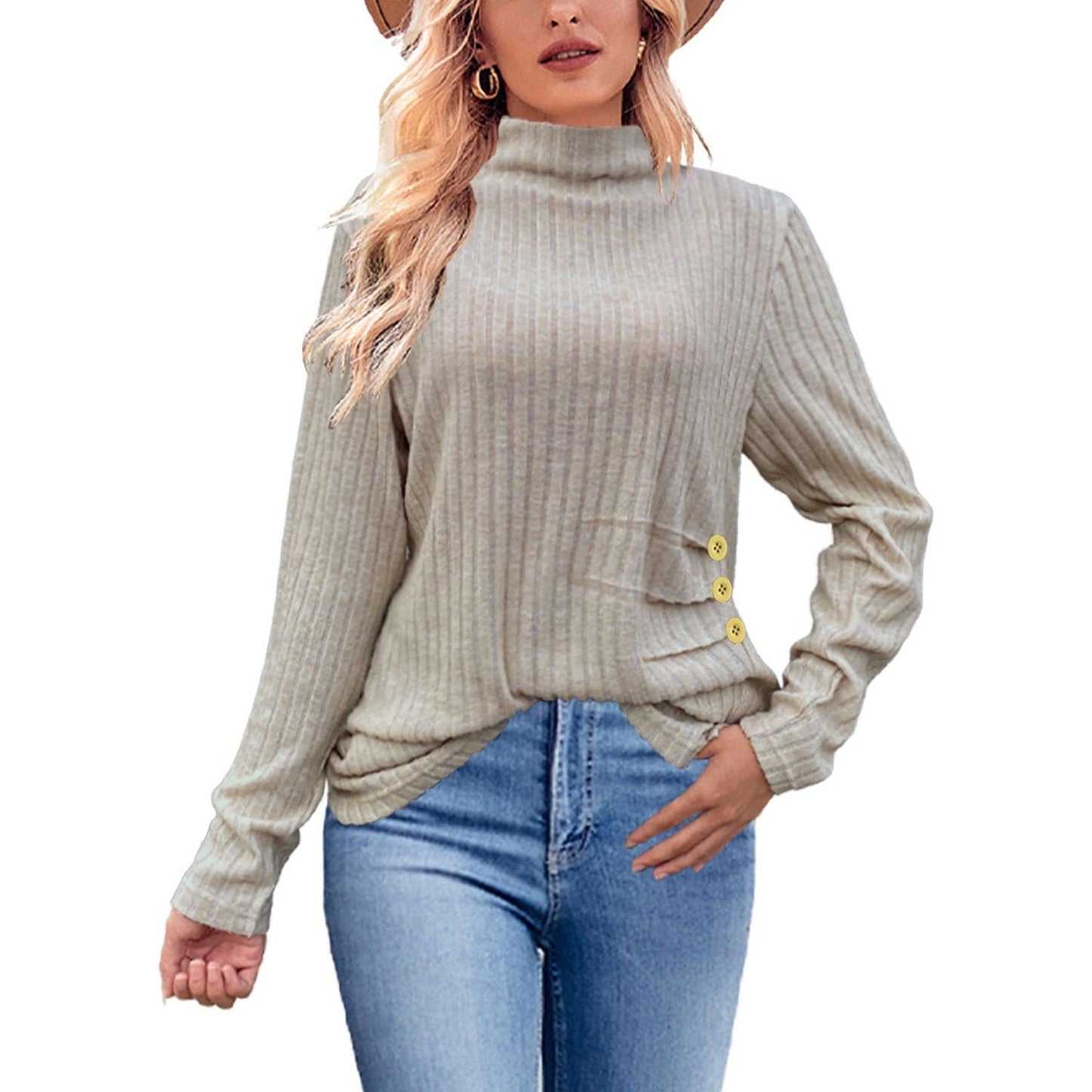 European And American Brushed Sunken Stripe Knitted Turtleneck Side Button Women's Top - YLORESHOP