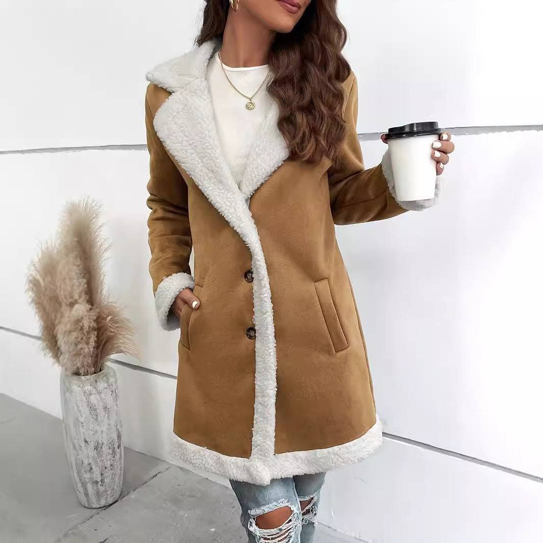 Cappotto da donna in lana spessa di velluto con risvolto a maniche lunghe in pelle di daino