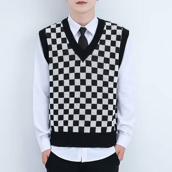 V-neck Knitted Boys' Checkered Sweater Vest - YLORESHOP