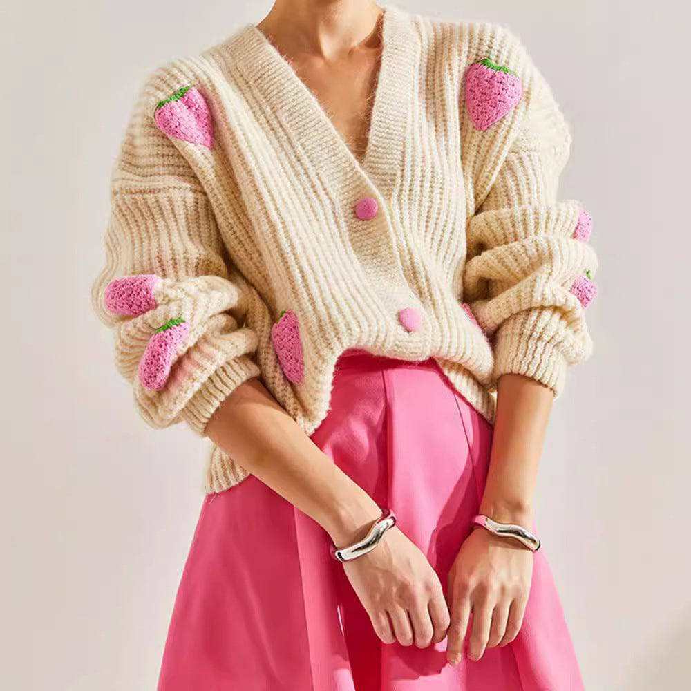 Maglione cardigan decorativo beige con scollo a V dolce