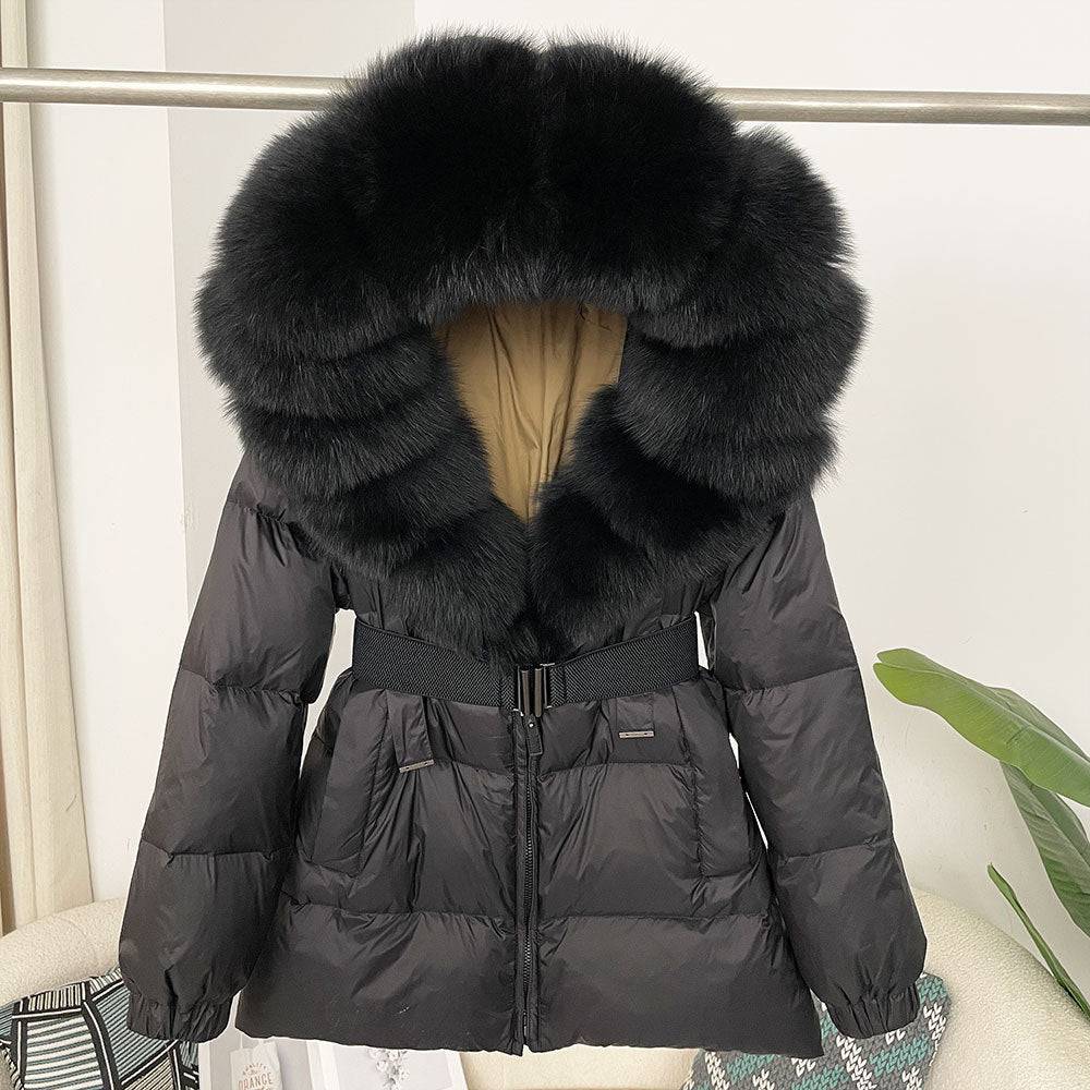 Oversized Real Fox Fur Collar Hooded White Duck Down Jacket - YLORESHOP