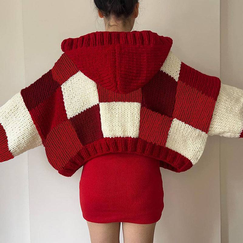 Women's Fashion Hooded Round Neck Cardigan Button Plaid Knitted Coat