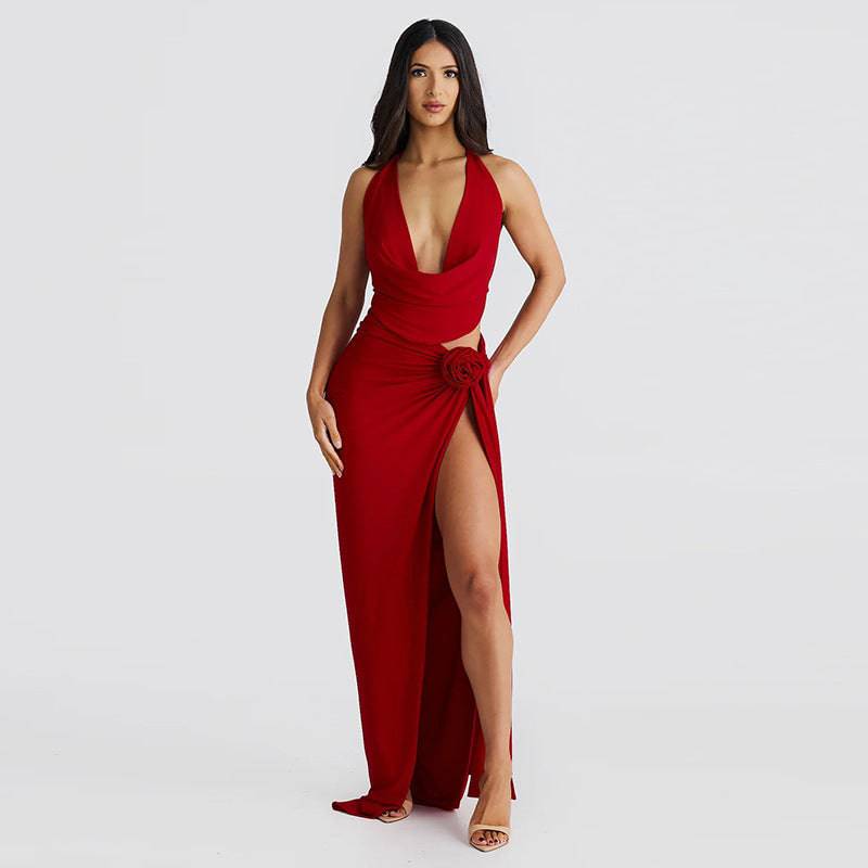 Lace-up Backless Sexy Deep V-neck Halter Sling High Slit Mid-length Dress Set - YLORESHOP