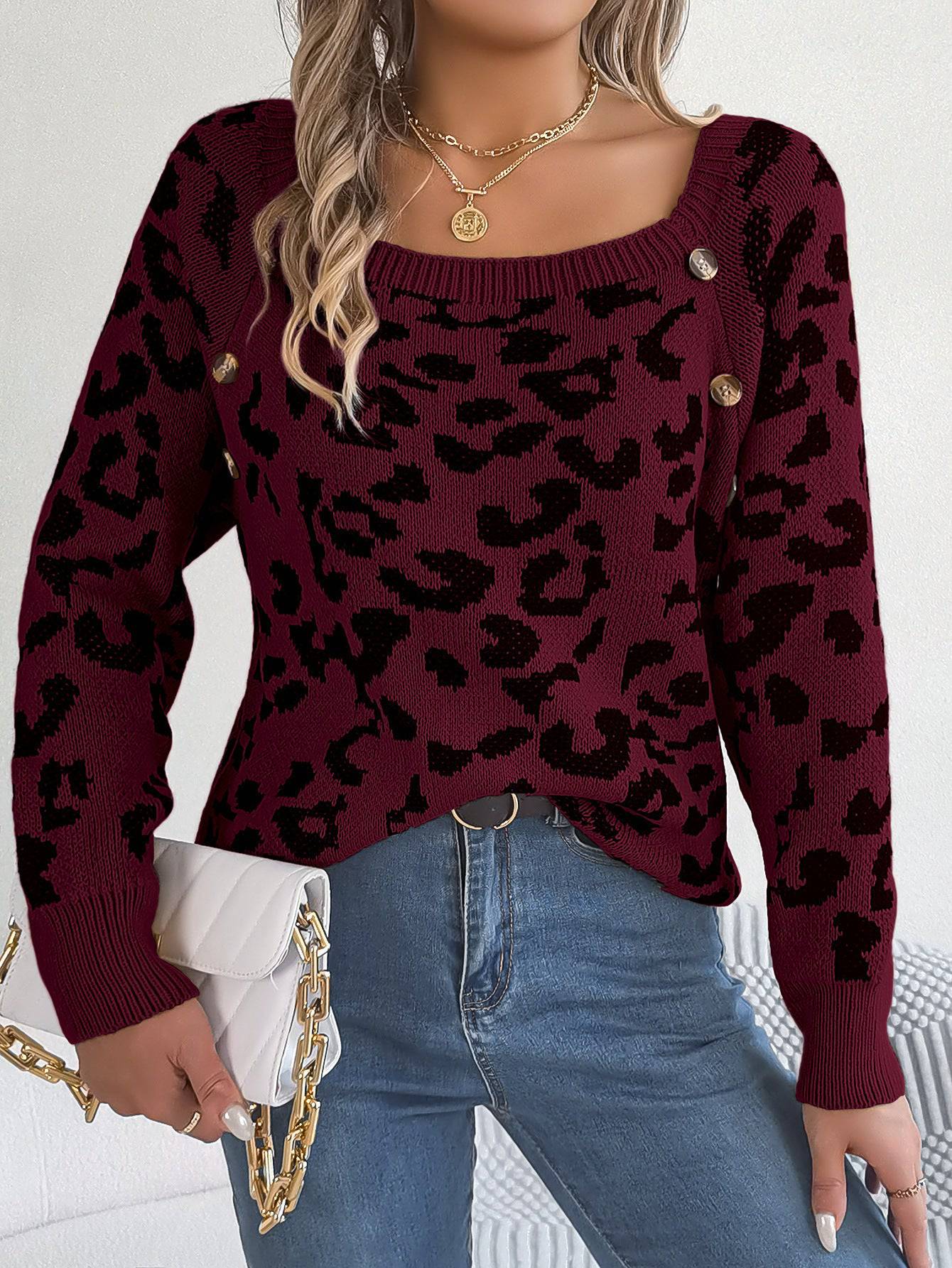 Maglione a maniche lunghe con stampa leopardata a colori a contrasto con bottoni casual e colletto quadrato