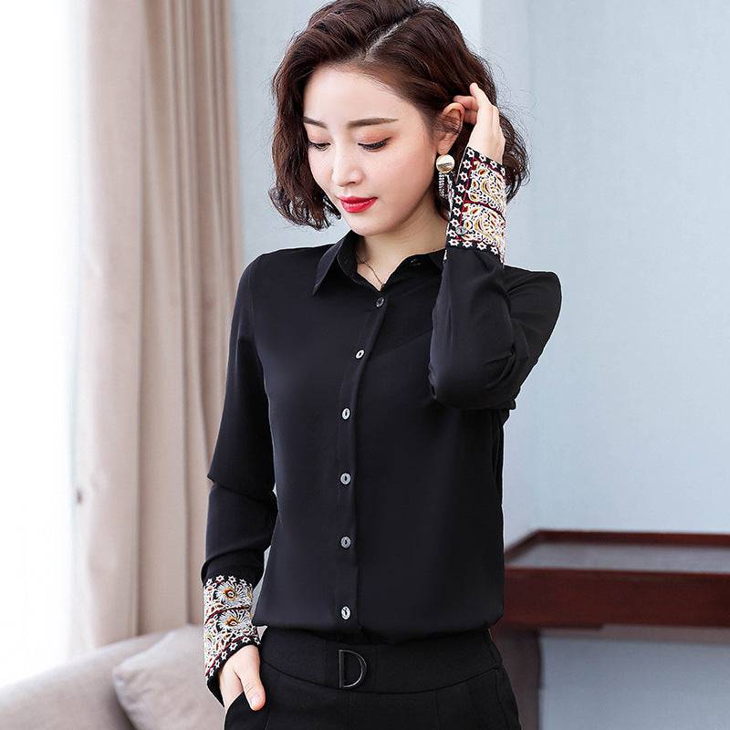 Spring And Autumn Lapel Long Sleeve White Shirt Women's Design Chinese Style Embroidery Chiffon Top