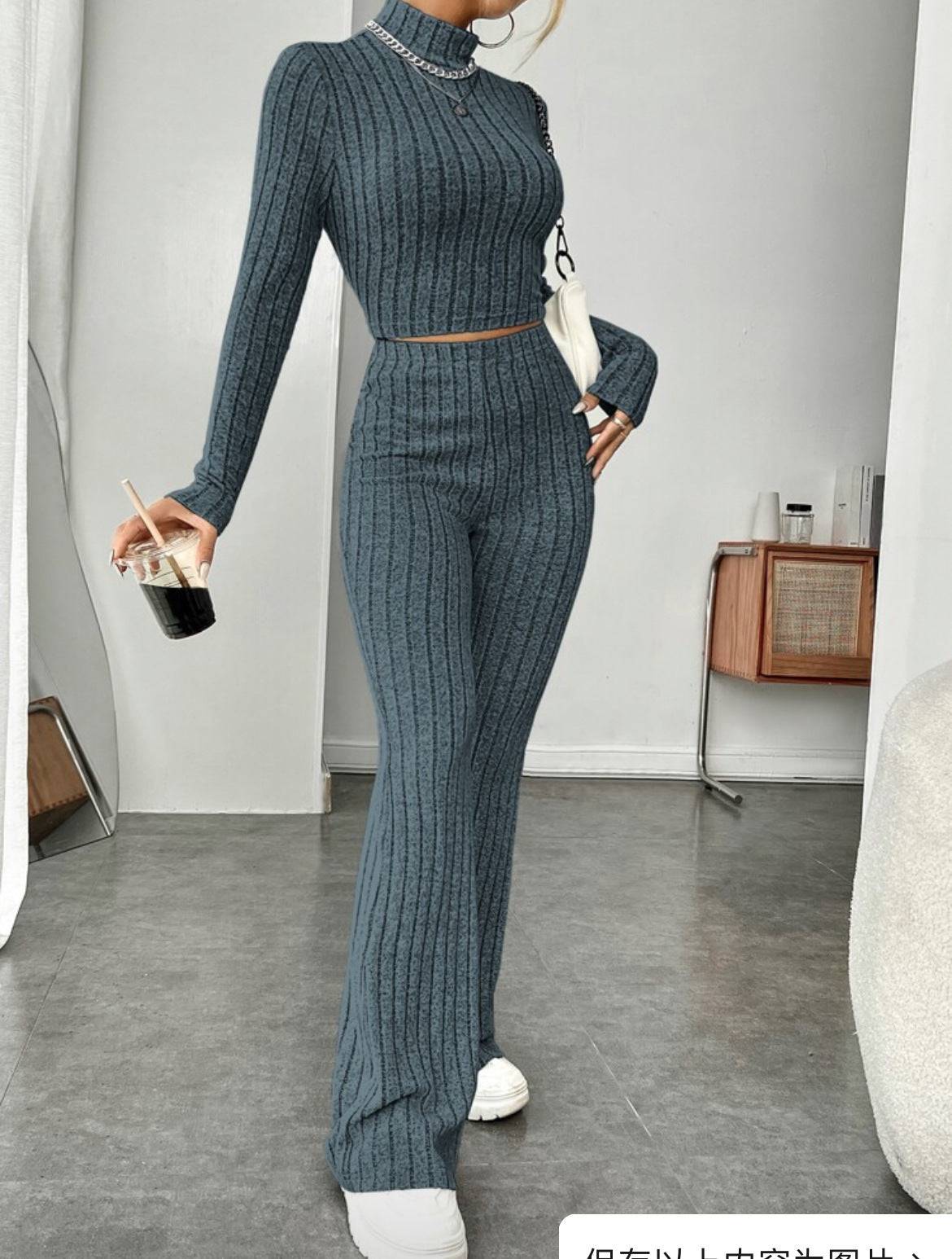 Long Sleeve Turtlenecks Wide Leg High Waist Trousers Suit - YLORESHOP