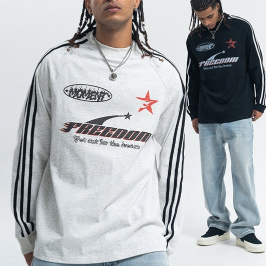 Letter Printed Raglan Three Bars Long Sleeve Bottoming Top Men - YLORESHOP
