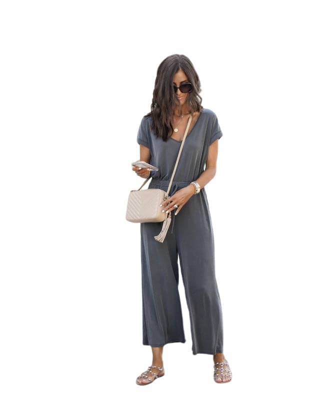 Women's Elastic Waist V-neck Wide-leg Jumpsuit - YLORESHOP