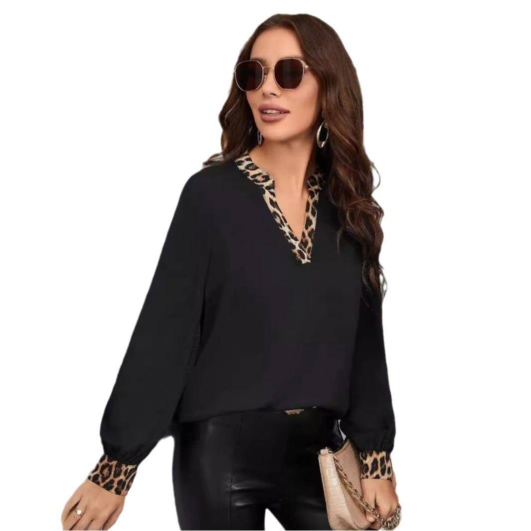 Women's Leopard Print Split V-neck Blouse Elegant Shirt - YLORESHOP