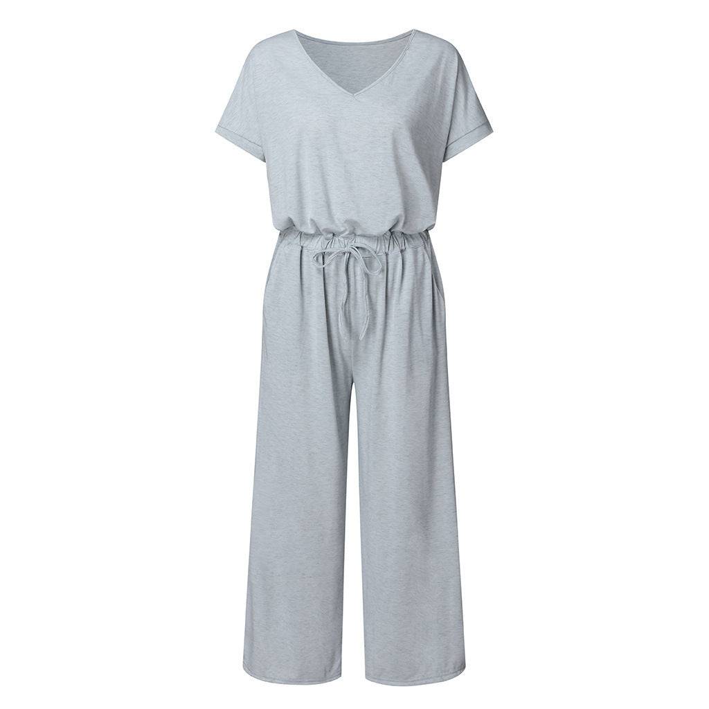 Women's Elastic Waist V-neck Wide-leg Jumpsuit - YLORESHOP