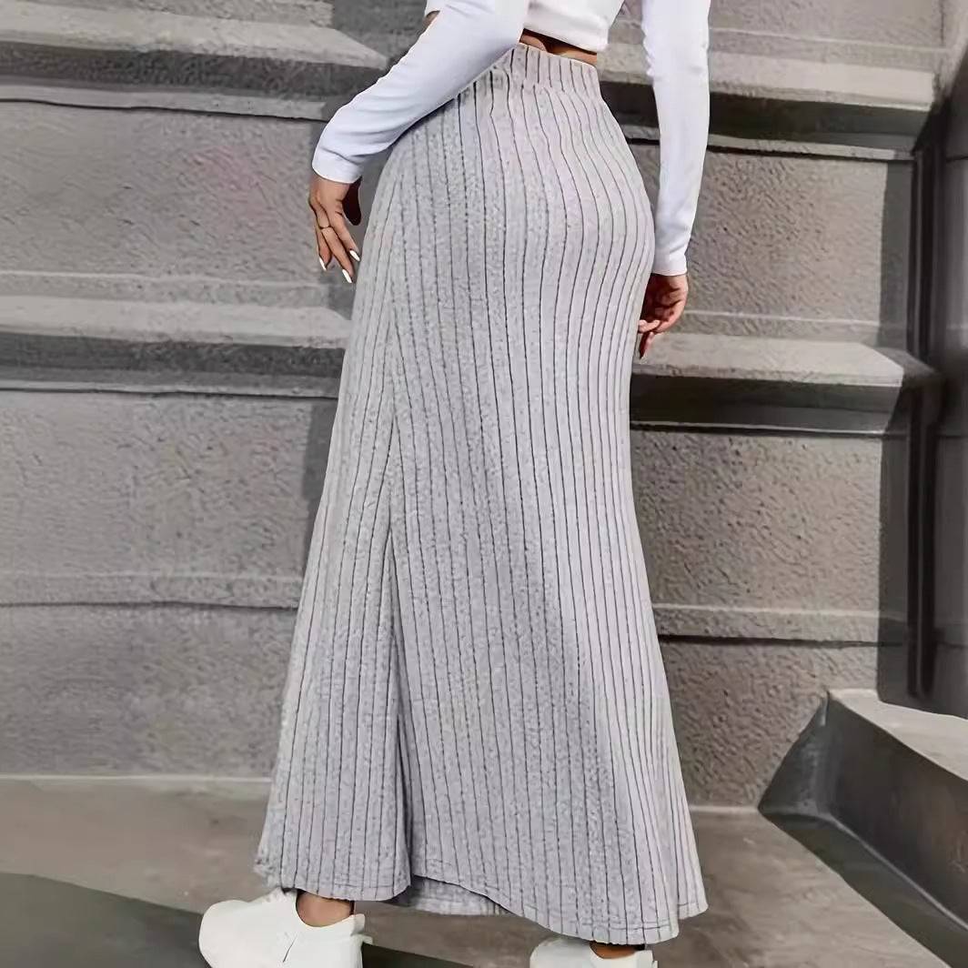 Women Knitted Dress Sunken Stripe Slit Fastener Decoration Sheath Skirt - YLORESHOP