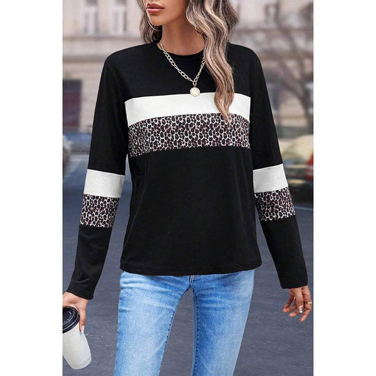 Leopard Print Color-block Crew Neck Pullover Women - YLORESHOP