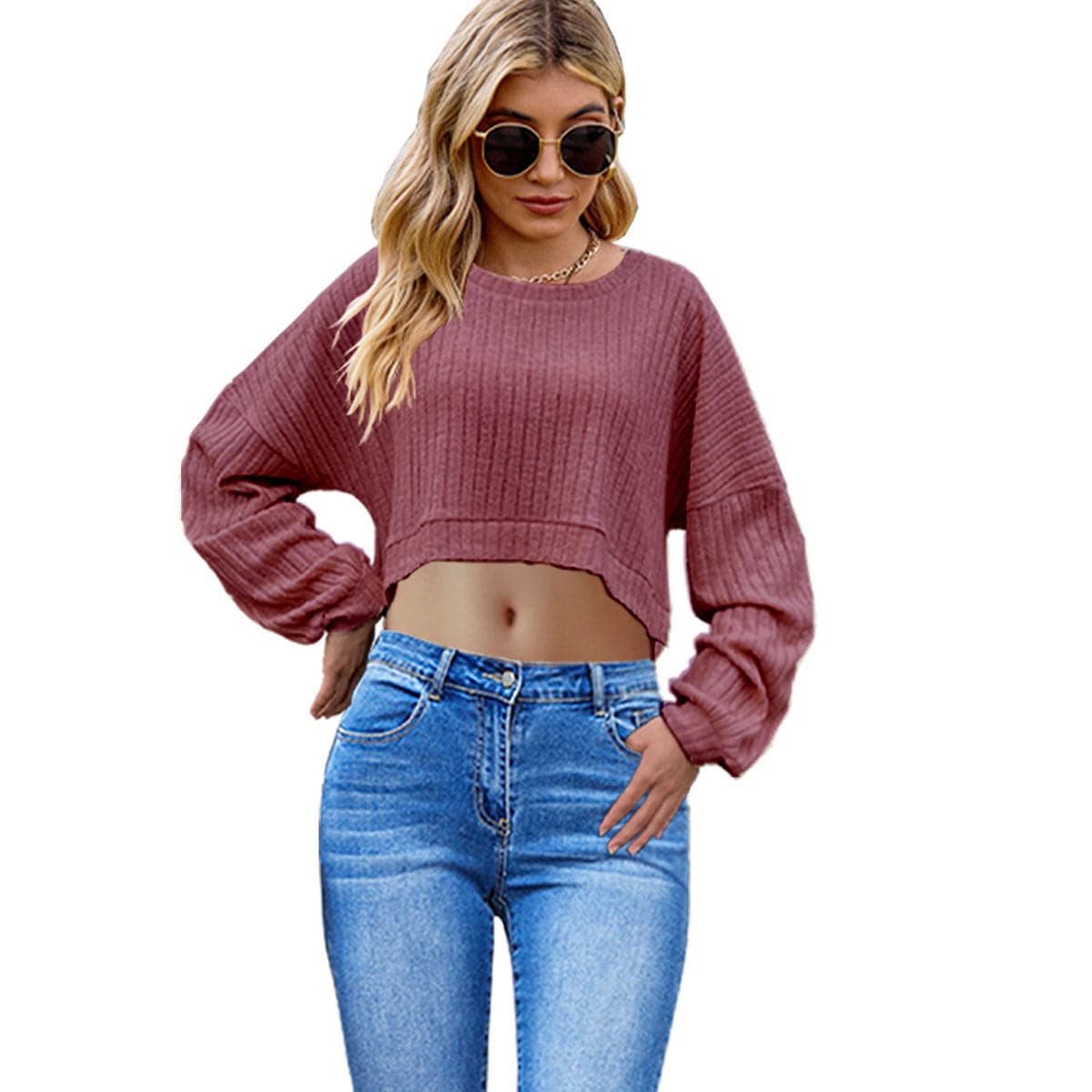 European And American Brushed Sunken Stripe Knitted Midriff-baring Long Sleeve Short T Women's Top - YLORESHOP