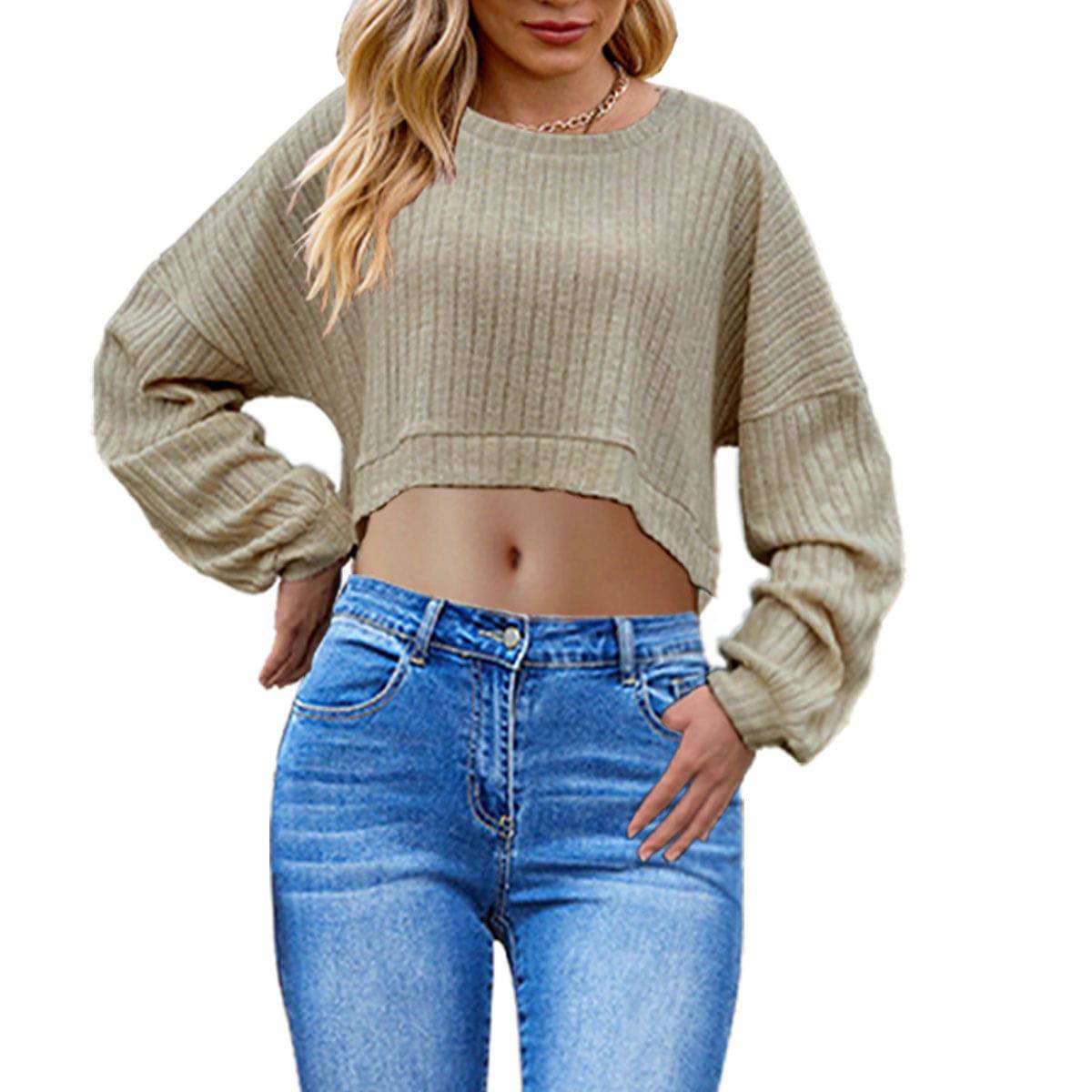 European And American Brushed Sunken Stripe Knitted Midriff-baring Long Sleeve Short T Women's Top - YLORESHOP