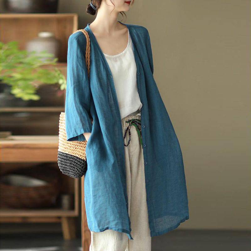 Artistic Plus Size Loose Mid-length Cotton And Linen Shirt Solid Color - YLORESHOP