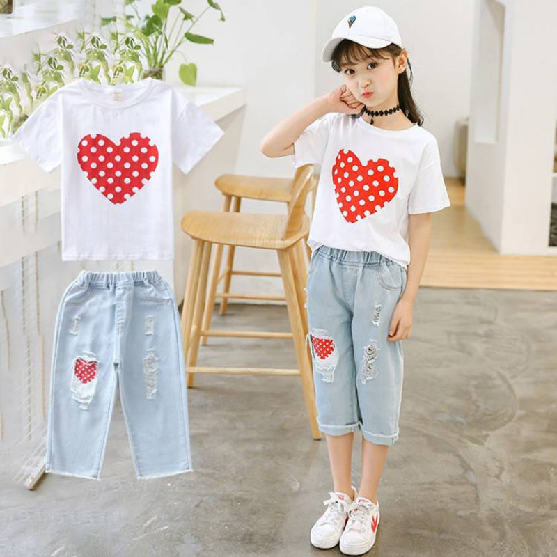 Girls White T-shirt Ripped Jeans Kids Suit - YLORESHOP