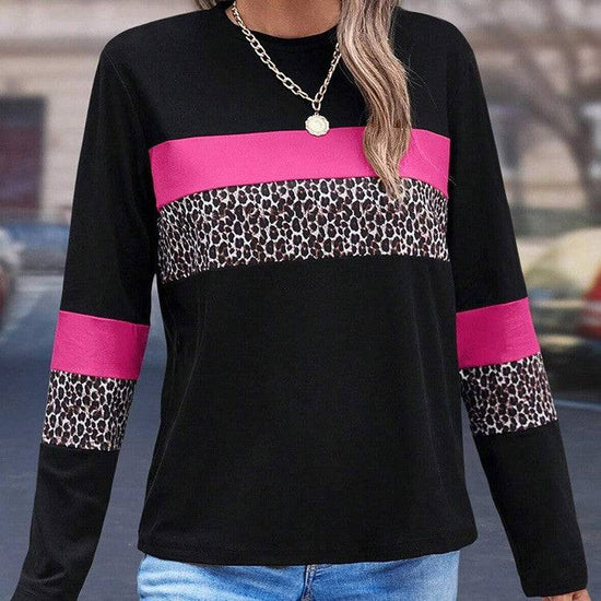 Leopard Print Color-block Crew Neck Pullover Women - YLORESHOP