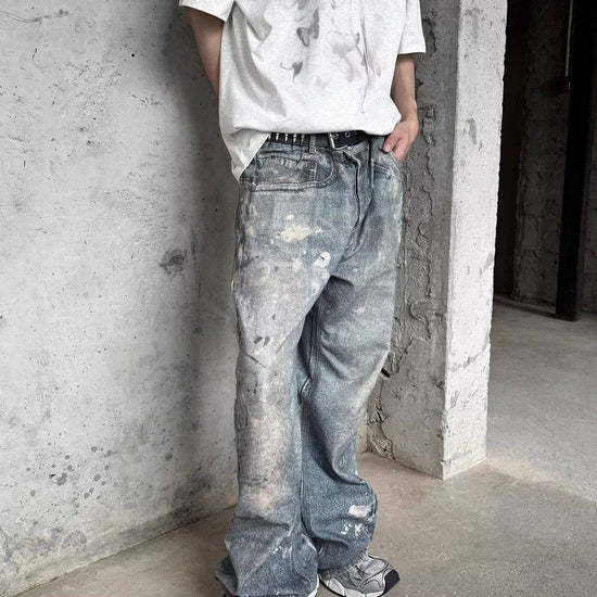 Washed Distressed Printed Denim Men's Straight Loose Long Pants - YLORESHOP