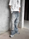 Washed Distressed Printed Denim Men's Straight Loose Long Pants - YLORESHOP