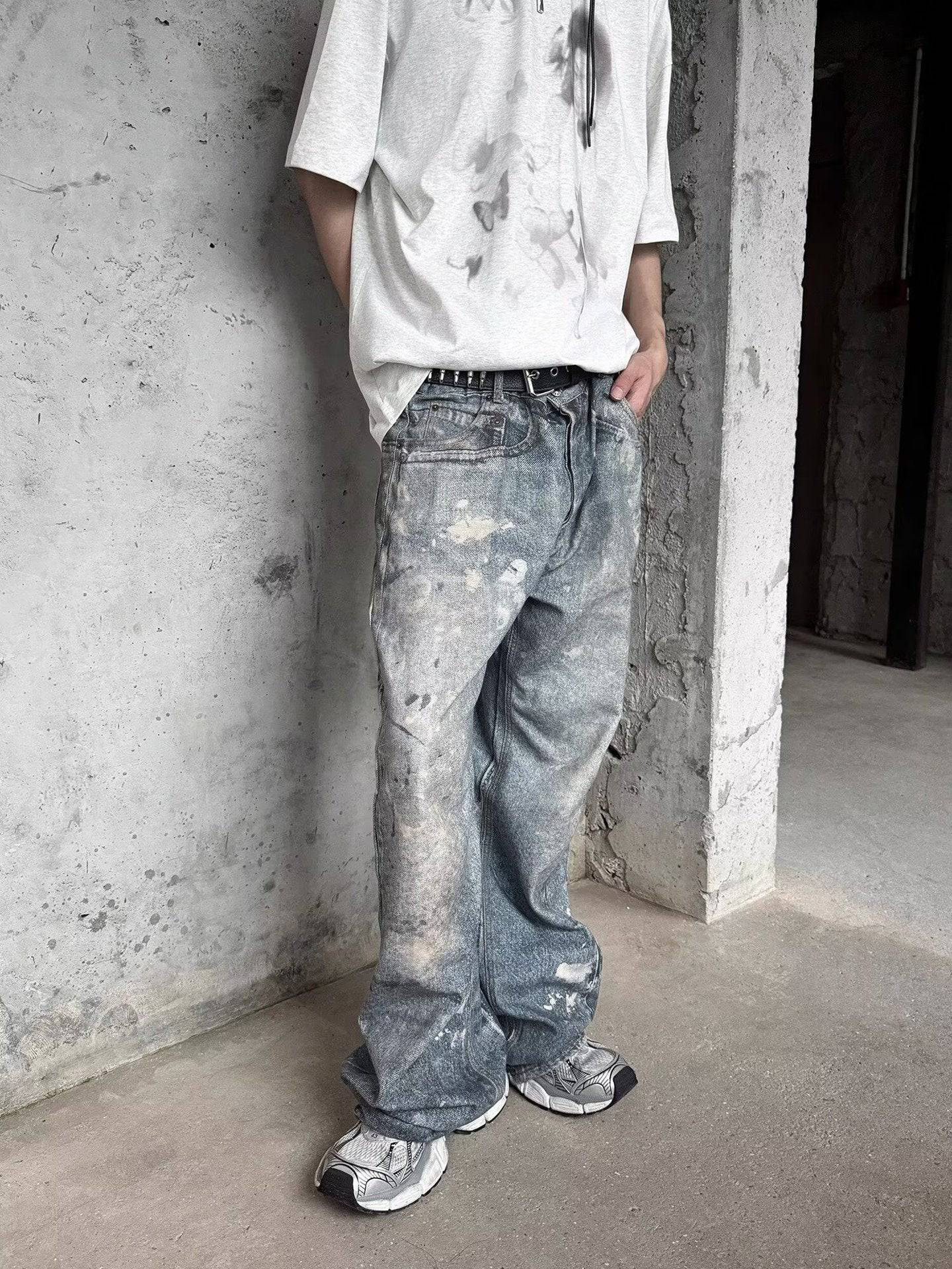 Washed Distressed Printed Denim Men's Straight Loose Long Pants