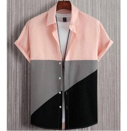 Camicia da uomo alla moda e alla moda, stampa digitale, casual, traspirante, colletto alla coreana, manica corta