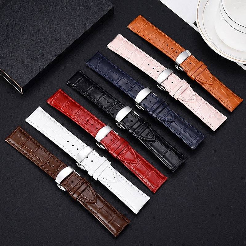 Butterfly Clasp Business Bamboo Pattern Cowhide Leather Watch Band - YLORESHOP