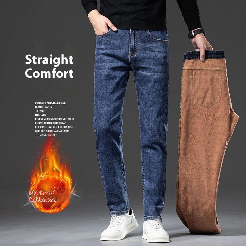 Jeans imbottiti in pile da uomo dritto slim elastico ispessimento