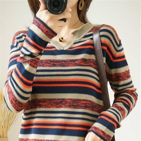 Striped V-neck Knitted Top Thin Plus Size Inner Bottoming Shirt - YLORESHOP