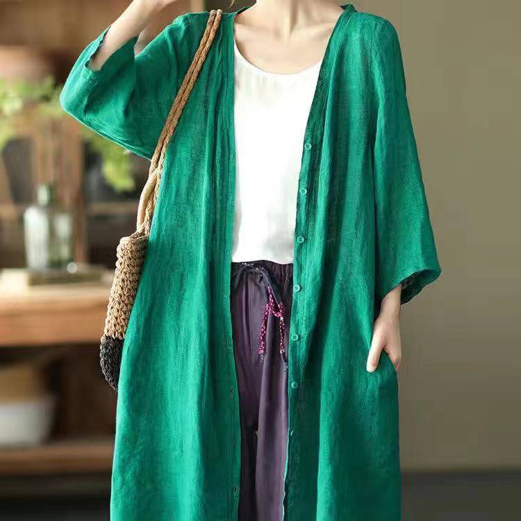 Artistic Plus Size Loose Mid-length Cotton And Linen Shirt Solid Color - YLORESHOP