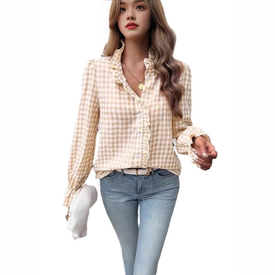 Women's French-style Plaid Shirt With Wooden Ears - YLORESHOP