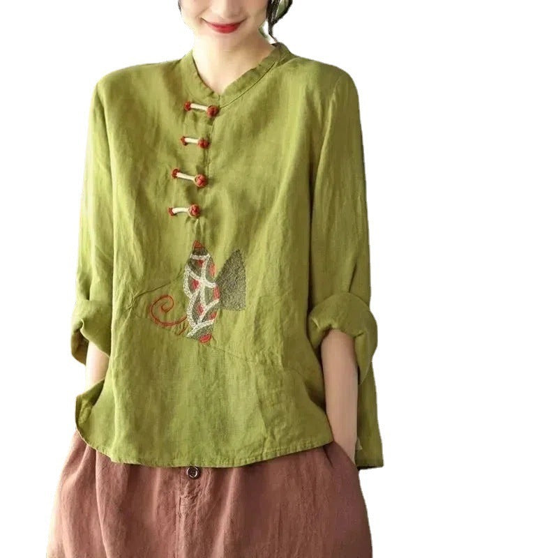 Ethnic Style Plus Size Cotton And Linen Shirt For Women - YLORESHOP
