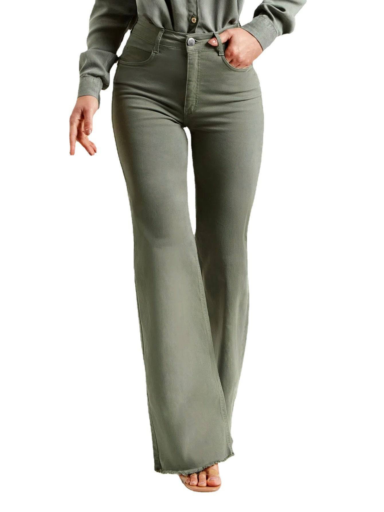 Slim Fit Stretch Fashion Solid Color Frayed Flared Pants - YLORESHOP