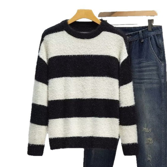 Maglione girocollo da uomo in morbido cotone, stile retrò americano leggermente maturo, multicolore.