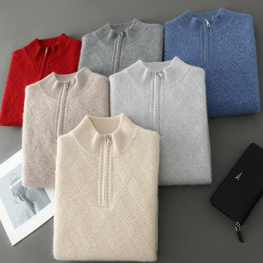 Maglia in pura lana lavorata a maglia con cerniera e collo alto