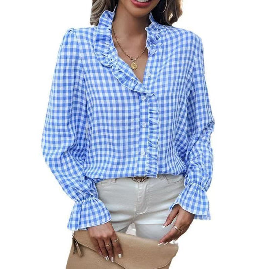 Women's French-style Plaid Shirt With Wooden Ears - YLORESHOP