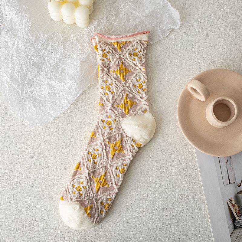 Court Women's Thin Small Flower Long Socks Retro